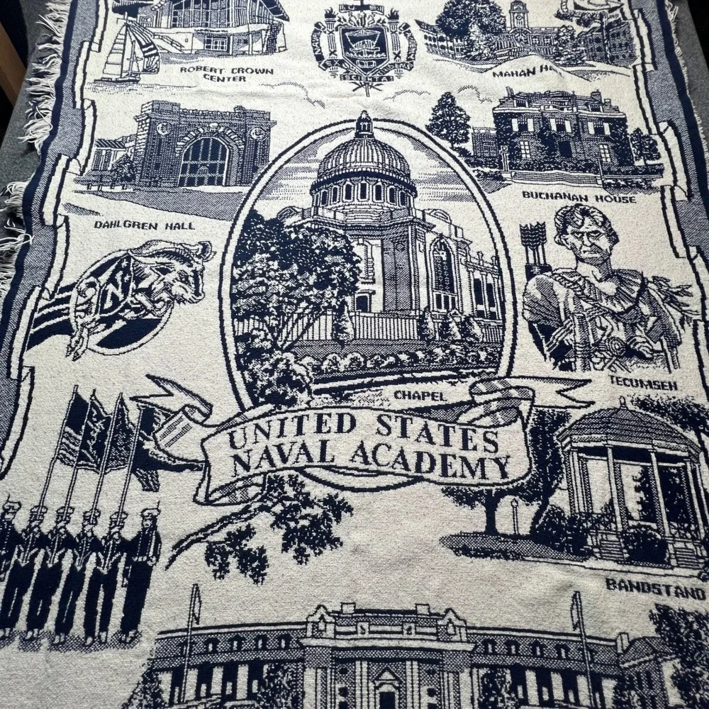 Vintage US Naval Academy USNA Woven Tapestry Afghan Throw Blanket Annapolis MD